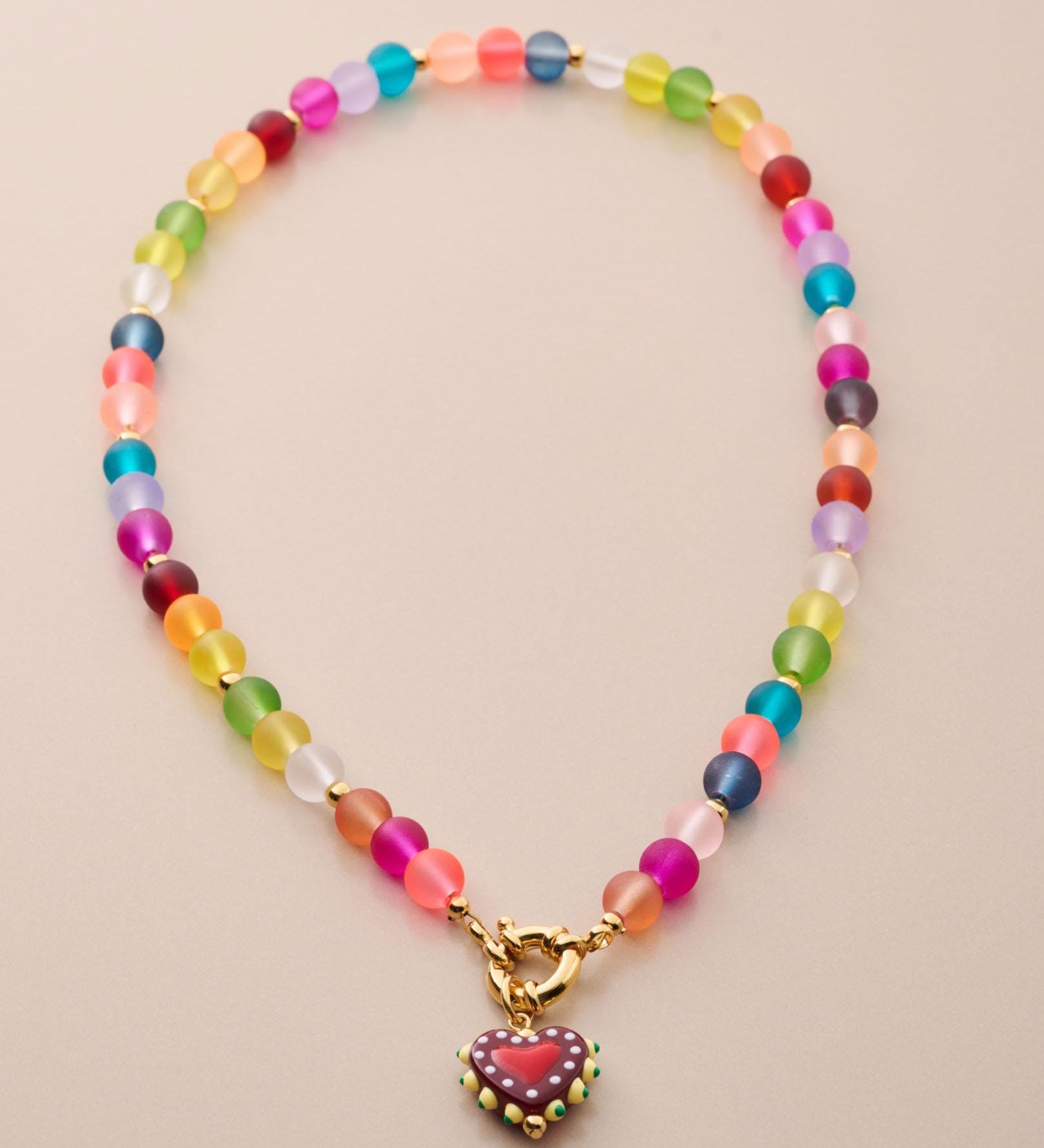 Colorful Frosted Glass Bead Necklace With Enamel Heart