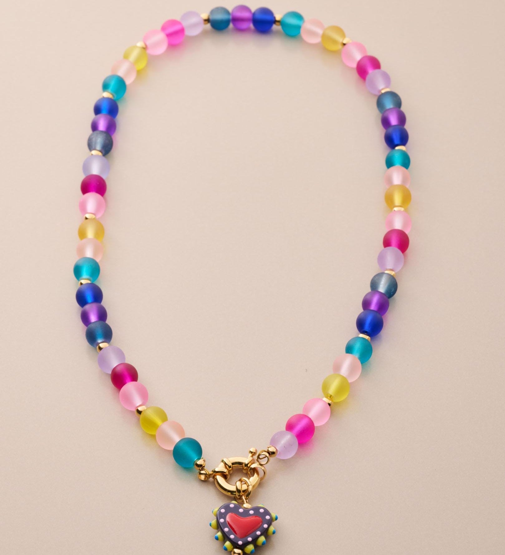 Colorful Frosted Glass Bead Necklace With Enamel Heart