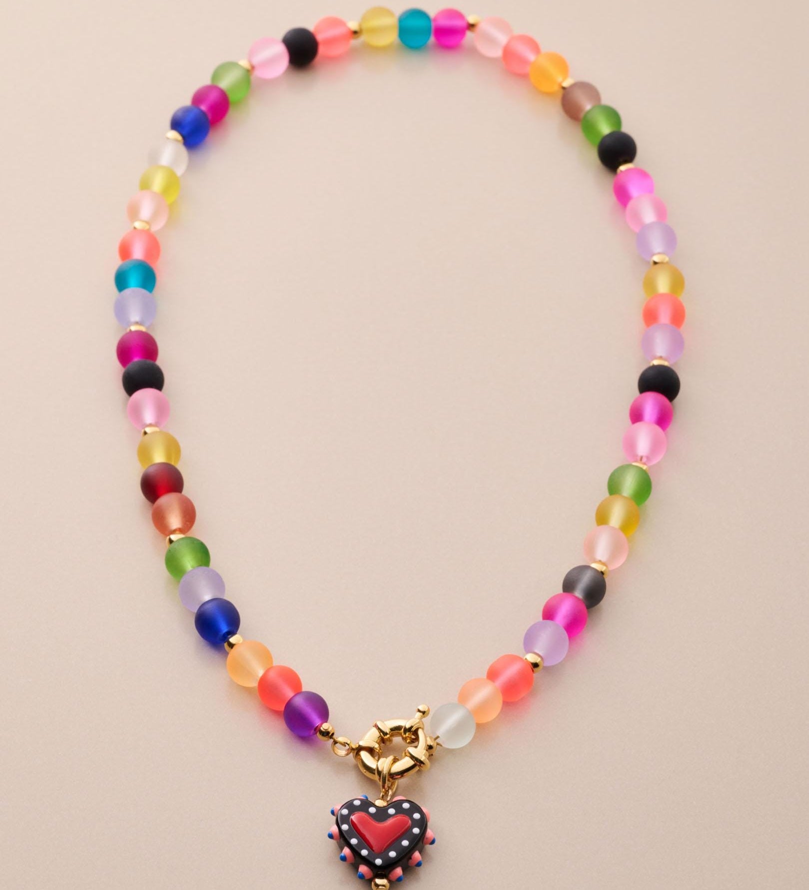Colorful Frosted Glass Bead Necklace With Enamel Heart