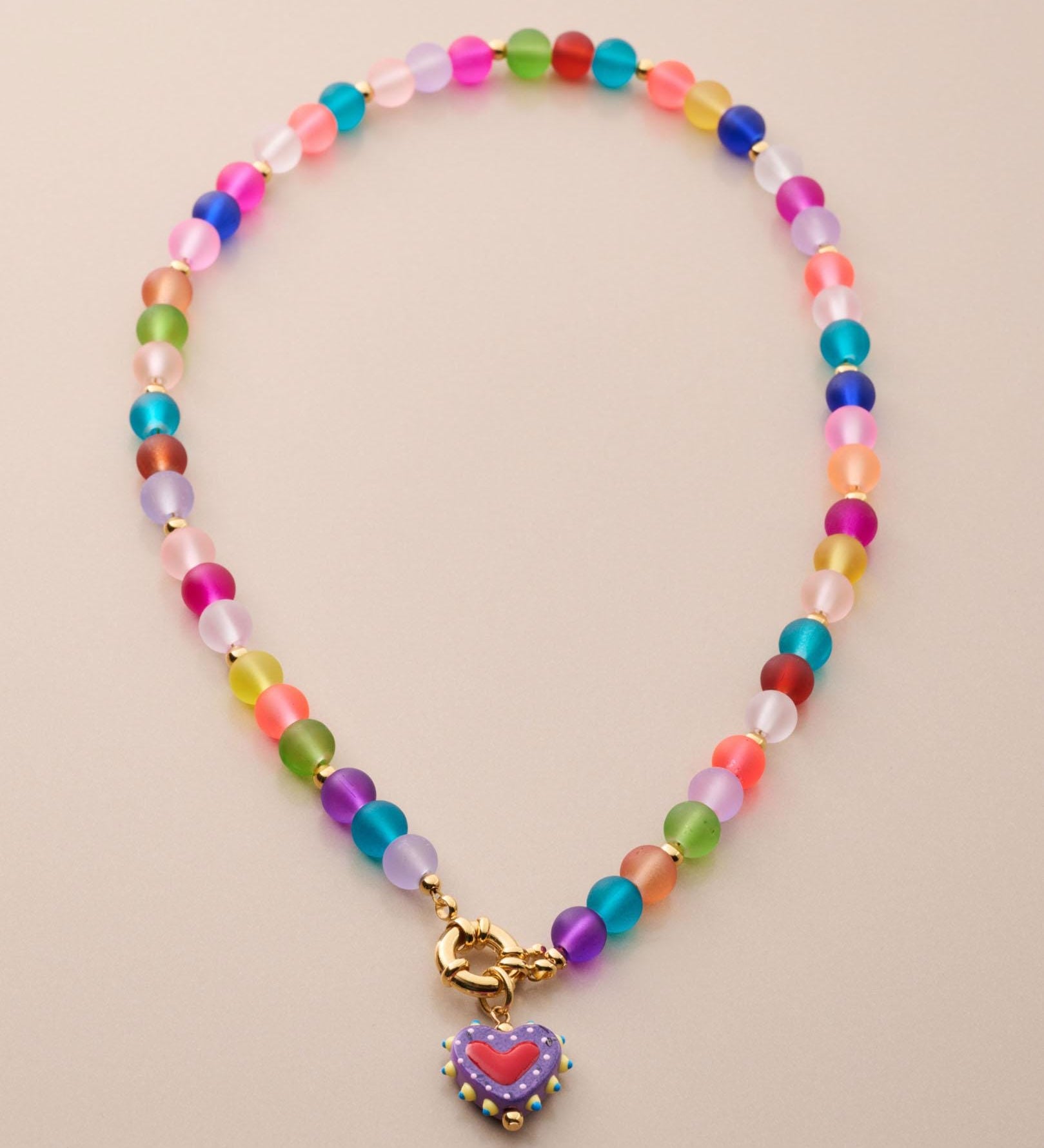 Colorful Frosted Glass Bead Necklace With Enamel Heart