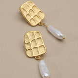 Gold Textured Rectangle Pearl Drop Earrings