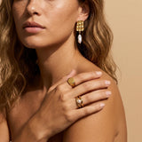 Gold Textured Rectangle Pearl Drop Earrings