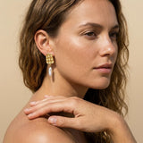 Gold Textured Rectangle Pearl Drop Earrings