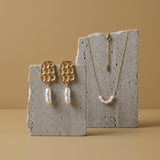 Gold Textured Rectangle Pearl Drop Earrings