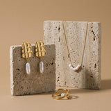 Gold Textured Rectangle Pearl Drop Earrings