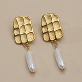 Gold Textured Rectangle Pearl Drop Earrings