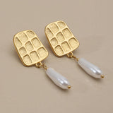 Gold Textured Rectangle Pearl Drop Earrings
