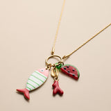 Gold Fish Charm Necklace With Enamel And Watermelon Pendant