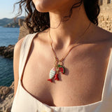 Gold Fish Charm Necklace With Enamel And Watermelon Pendant
