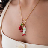 Gold Fish Charm Necklace With Enamel And Watermelon Pendant