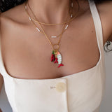 Gold Fish Charm Necklace With Enamel And Watermelon Pendant
