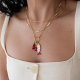 Gold Fish Charm Necklace With Enamel And Watermelon Pendant