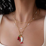 Gold Fish Charm Necklace With Enamel And Watermelon Pendant