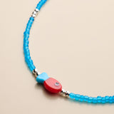 Blue Glass Beaded Fish Necklace With Red Glass Fish Charm