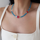 Blue Glass Beaded Fish Necklace With Red Glass Fish Charm