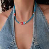 Blue Glass Beaded Fish Necklace With Red Glass Fish Charm
