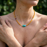 Orange Glass Beaded Fish Necklace With Green Glass Charm
