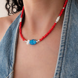Red Glass Beaded Fish Necklace With Blue Glass Fish Charm