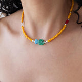Orange Glass Beaded Fish Necklace With Green Glass Charm