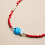 Red Glass Beaded Fish Necklace With Blue Glass Fish Charm