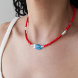 Red Glass Beaded Fish Necklace With Blue Glass Fish Charm