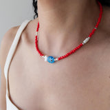 Red Glass Beaded Fish Necklace With Blue Glass Fish Charm