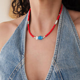 Red Glass Beaded Fish Necklace With Blue Glass Fish Charm