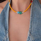 Orange Glass Beaded Fish Necklace With Green Glass Charm