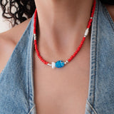Red Glass Beaded Fish Necklace With Blue Glass Fish Charm