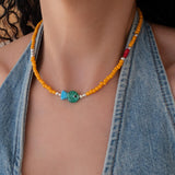 Orange Glass Beaded Fish Necklace With Green Glass Charm