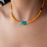 Orange Glass Beaded Fish Necklace With Green Glass Charm