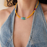 Orange Glass Beaded Fish Necklace With Green Glass Charm