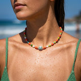Red Multicolour Beaded Evil Eye Necklace