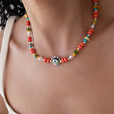 Red Multicolour Beaded Evil Eye Necklace