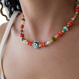 Red Multicolour Beaded Evil Eye Necklace