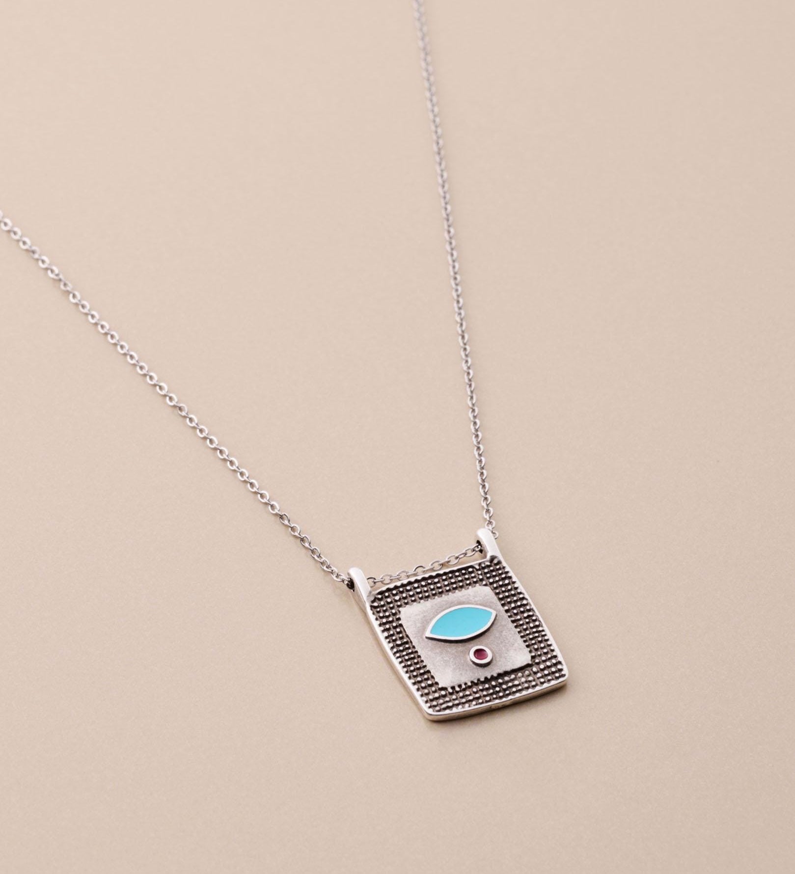 Silver Square Evil Eye Pendant Necklace