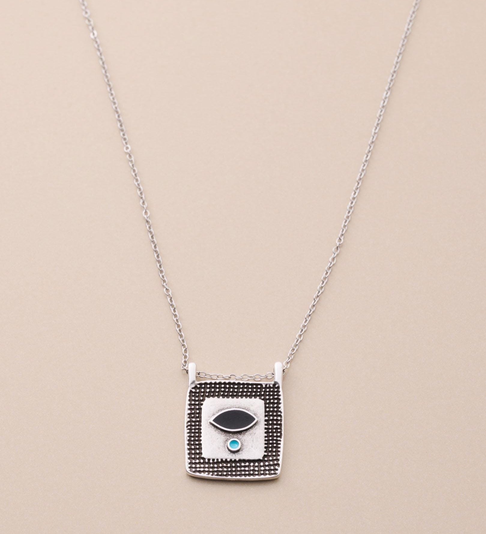 Silver Square Evil Eye Pendant Necklace