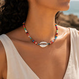 Multicolour Coral Beaded Choker Necklace With Silver Shell