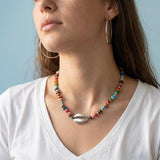 Multicolour Coral Beaded Choker Necklace With Silver Shell