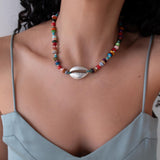 Multicolour Coral Beaded Choker Necklace With Silver Shell