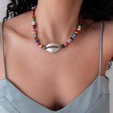 Multicolour Coral Beaded Choker Necklace With Silver Shell