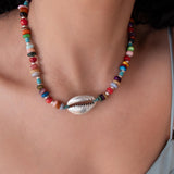 Multicolour Coral Beaded Choker Necklace With Silver Shell