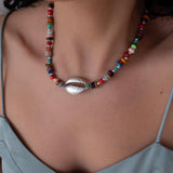 Multicolour Coral Beaded Choker Necklace With Silver Shell