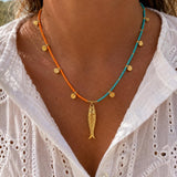 Orange Turquoise Miyuki Beaded Fish Pendant Necklace