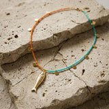 Orange Turquoise Miyuki Beaded Fish Pendant Necklace