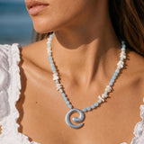 Blue Agate Shell Chip Necklace, Silver Spiral Pendant Beaded Necklace