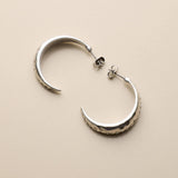 Silver Textured Hoop Earrings, Titanium Pin Chunky Crescent Earrings