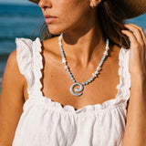 Blue Agate Shell Chip Necklace, Silver Spiral Pendant Beaded Necklace