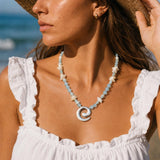 Blue Agate Shell Chip Necklace, Silver Spiral Pendant Beaded Necklace