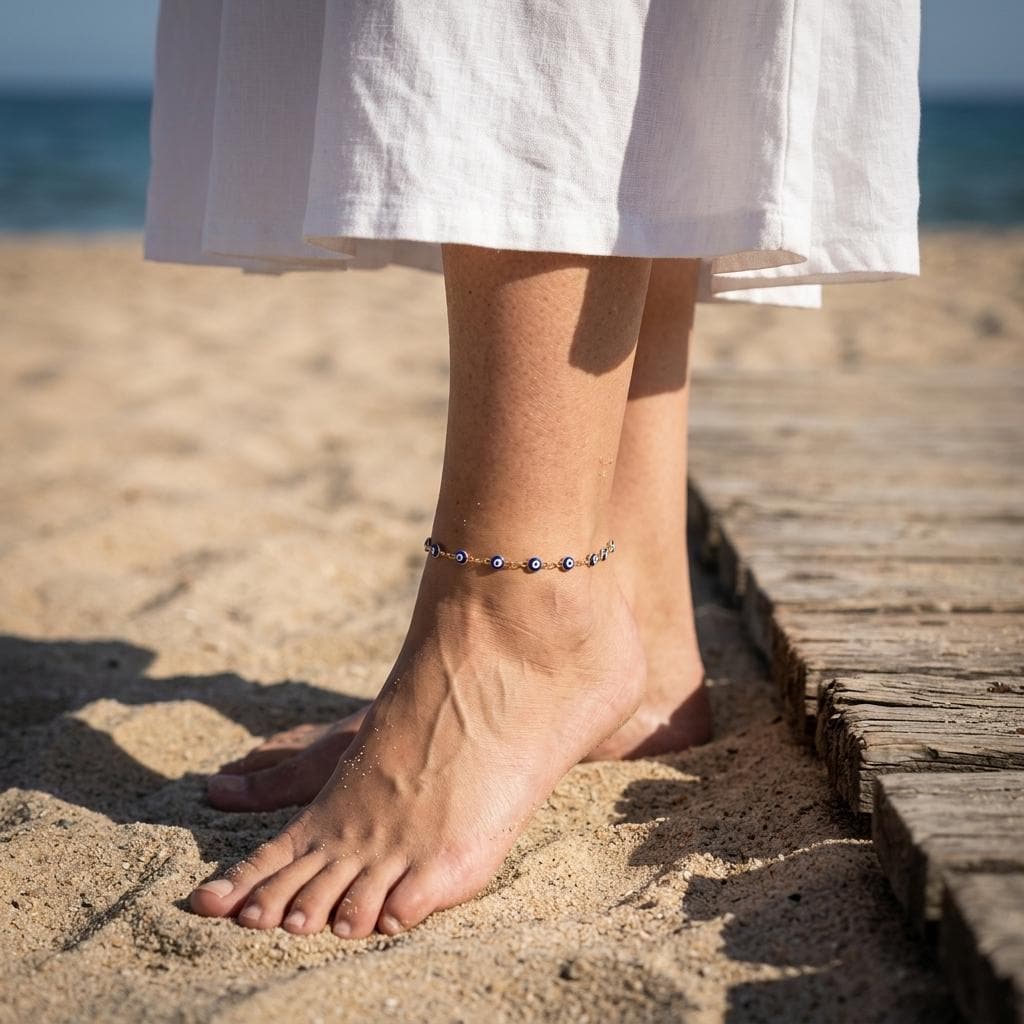 Gold or Silver Evil Eye Anklet With Enamel Beads
